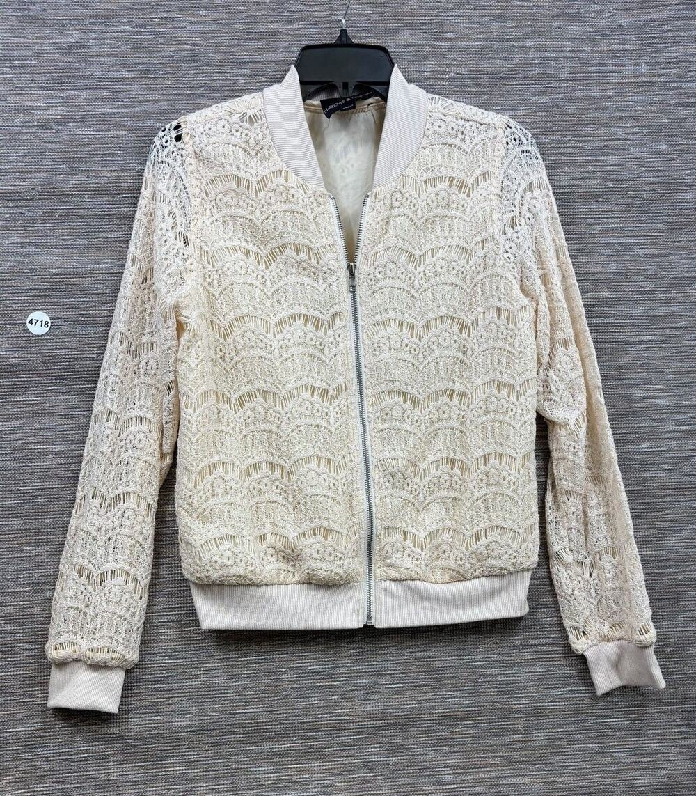 Harlowe & Graham Jacket Womens Medium White Sheer Lace Bomber Full Zip Lined